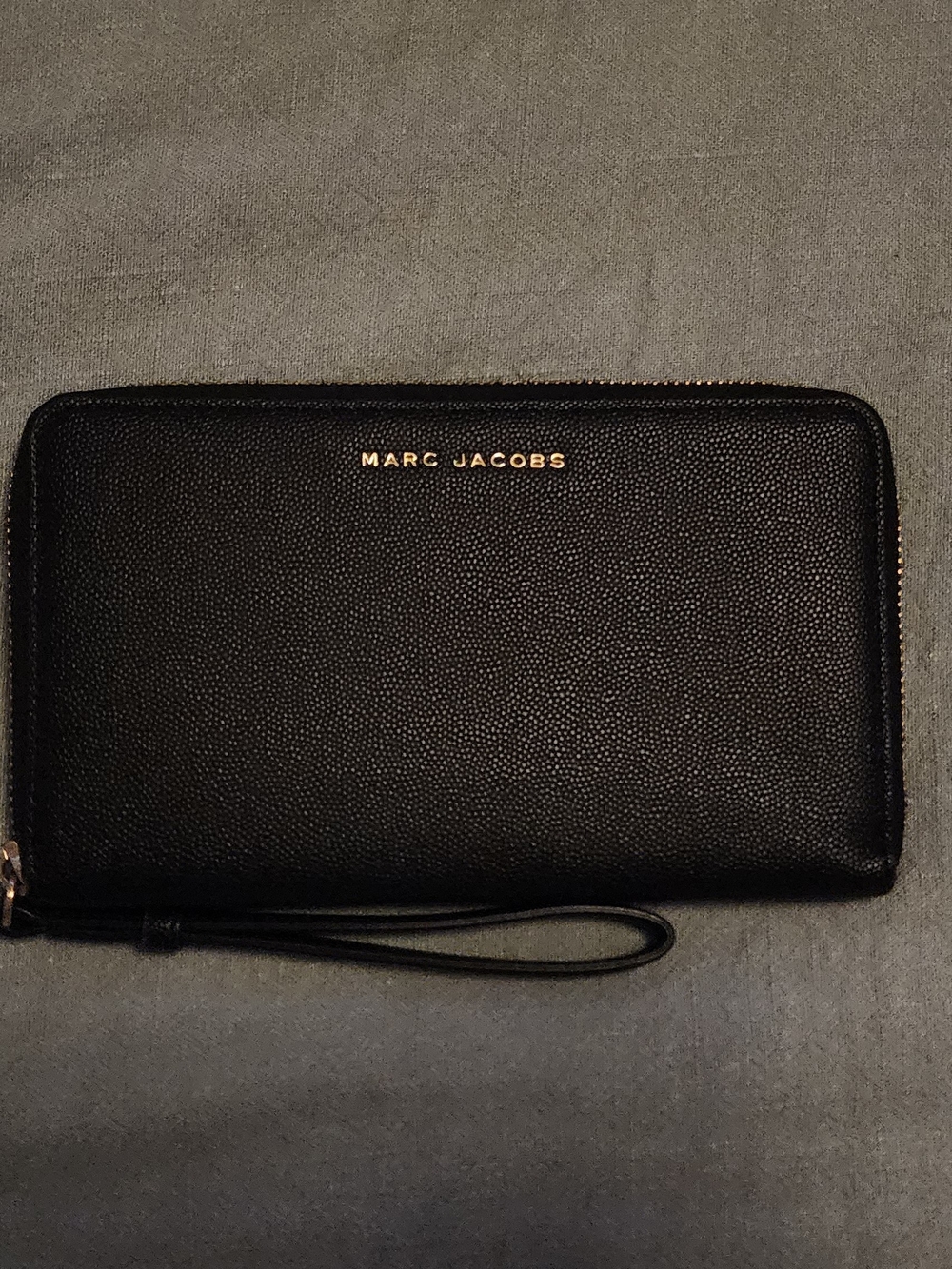 Marc Jacobs Black Pebbled Leather Zip Wristlet Wallet with Gold Logo